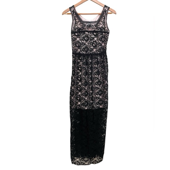 Pinky Lace Sleeveless Pullover Black Nude Maxi Dress Beachy Boho Summer Size S - Picture 1 of 4